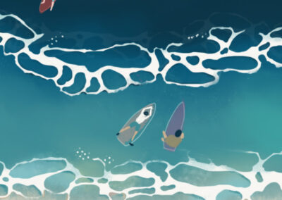 Moments by Charlie - Journey of Creative Pursuits | Adelaide artist Charlie Albright // Semi-abstract ocean painting with surfers titled Boys Of Summer 1 - A3 Fine Art Print Framed Landscape | Available on Bluethumb, Etsy and artist's website at momentsbycharlie.com