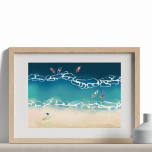 Moments by Charlie - Journey of Creative Pursuits | Adelaide artist Charlie Albright // Semi-abstract ocean painting with surfers titled Boys Of Summer 1 - A3 Fine Art Print Framed Landscape | Available on Bluethumb, Etsy and artist's website at momentsbycharlie.com